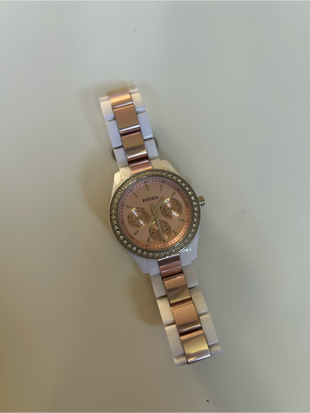 Fossil Ladies Rose Gold and White Ceramic Crystal Bezel Watch - Picture 3 of 3